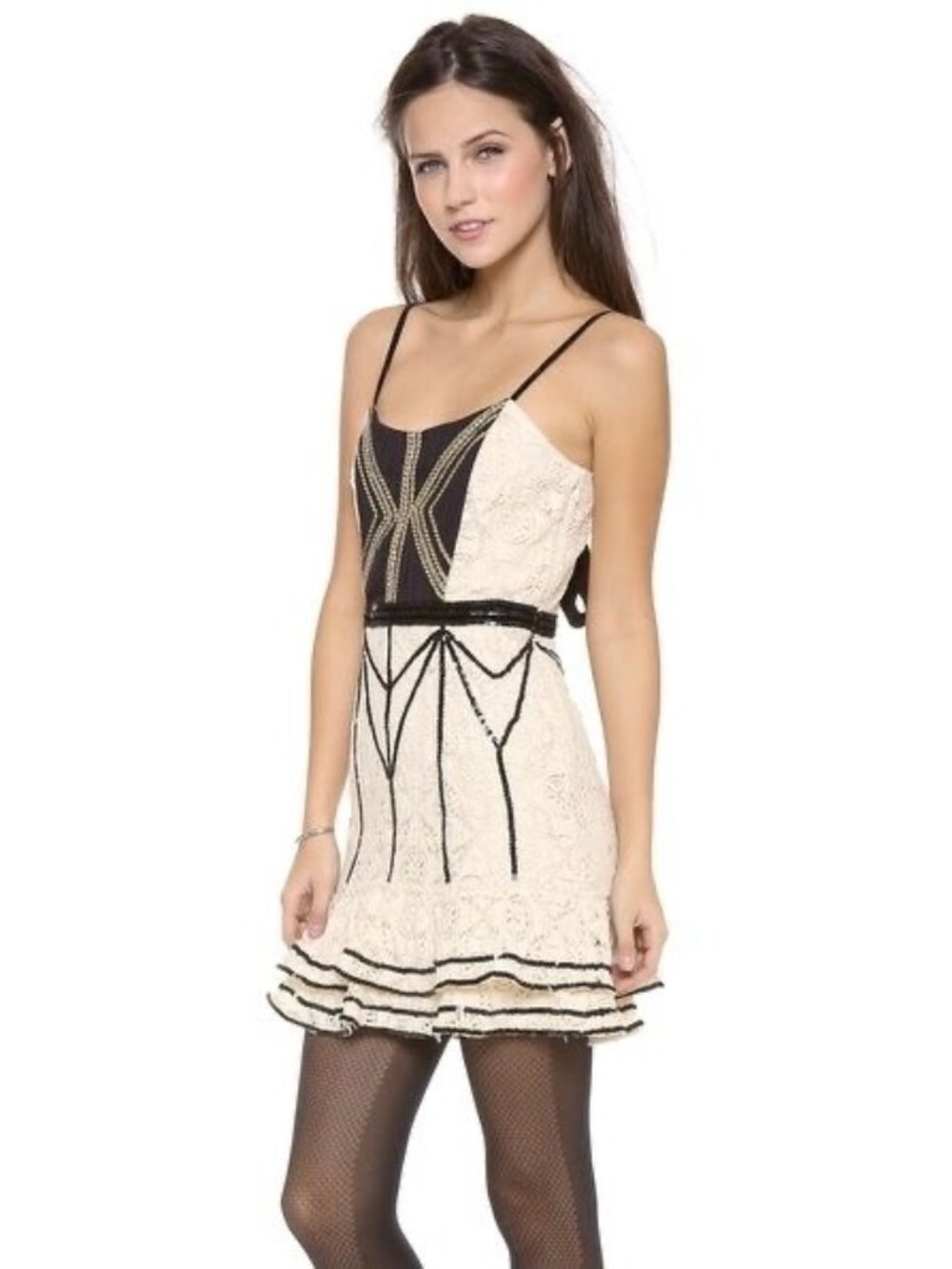 NWT Free People Cream Black Lace Sequin Mini Dress | Whimsigoth Luxe Coquette 8 - Picture 14 of 16